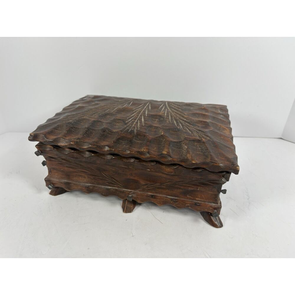 Vintage Hand Carved Wooden Jewelry Trinket Box Rustic Spanish Cedar Chest Decor